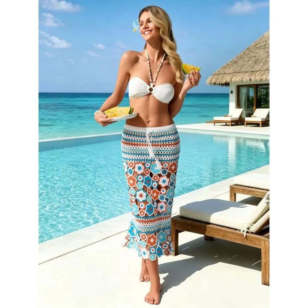 NWT Women's Crochet Beach Cover Up Maxi Skirt XL Beach Coastal Resortwear Boho